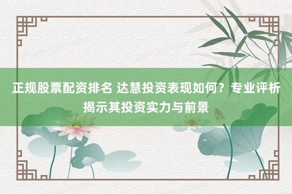 正规股票配资排名 达慧投资表现如何?专业评析揭示其投资实力与前景